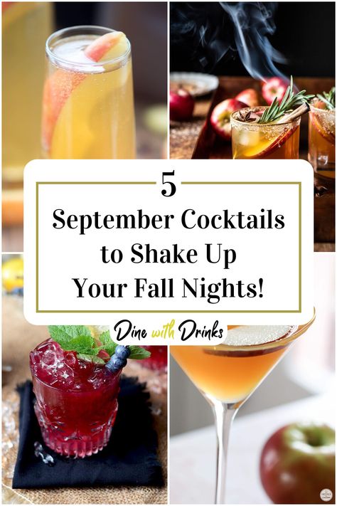 Collage of 4 september cocktails. September Drink Ideas, Drink Specials For Bars Fall, September Cocktail Recipes, September Drinks Alcohol, September Drinks, September Cocktails, Date Night Cocktails, Fall Drinks Alcohol, Autumn Cocktails