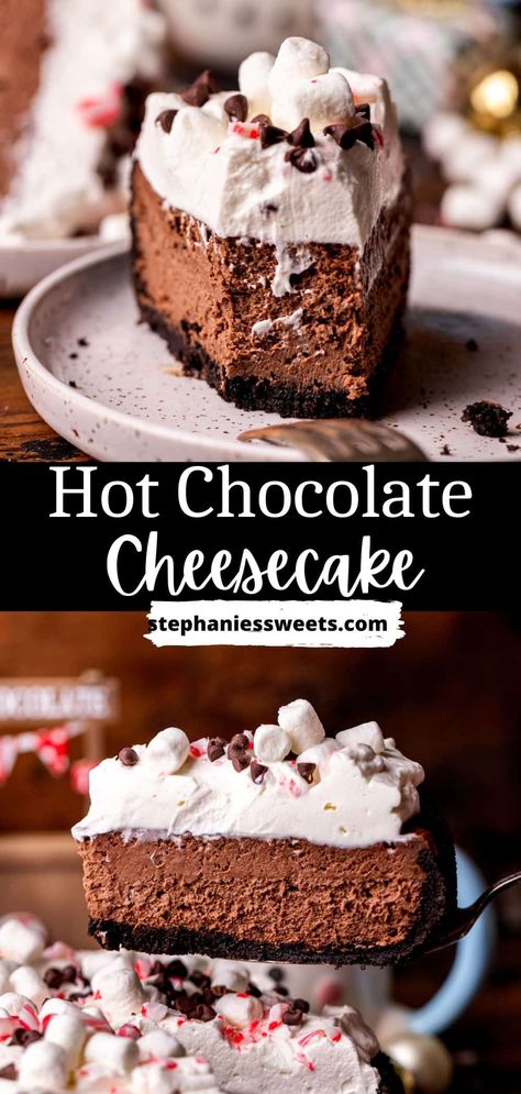 This hot chocolate cheesecake is perfect for the holidays. It has an Oreo crust, a baked hot chocolate cheesecake (uses hot cocoa mix), and topped with a big pile of whipped cream. Rich Chocolate Cheesecake, Hot Chocolate Pie Bar, Hot Cocoa No Bake Pie, Espresso Martini No Bake Cheesecake, Hot Cocoa Pie Recipe, Hot Chocolate Pie Recipe, Christmas Cheesecake Gluten Free, Hot Chocolate Cheesecake Recipes, No Bake Hot Chocolate Cheesecake