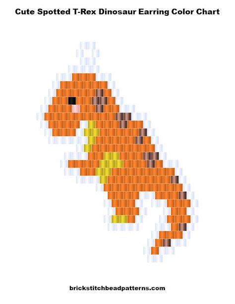 Free Cute Spotted T-Rex Dinosaur animal earring brick stitch seed bead weaving art graph pattern. Download the free bead pattern color chart graph, labeled color chart graph, a letter chart graph that is similar to a word chart, and a bead count list. These earrings were designed for using generic seed beads by Brick Stitch Bead Patterns Journal. Cute T Rex, Pony Bead Crafts, Dinosaur Earrings, Seed Bead Pattern, Beading Patterns Free, Native Beadwork, T Rex Dinosaur, Brick Stitch Pattern, Dinosaur Pattern