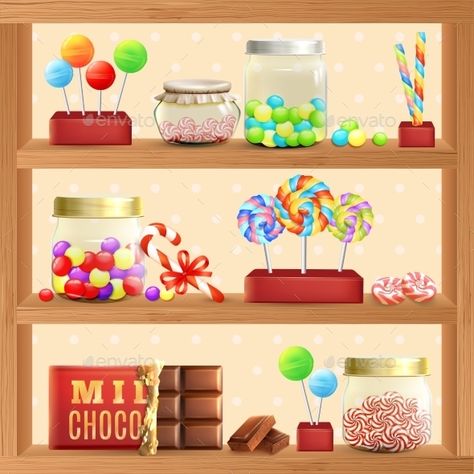 Sweet store shelf with bonbons chocolate and lollipops vector illustration. Editable EPS and Render in JPG format Bonbons Chocolate, Candy Clipart, Episode Interactive Backgrounds, House Template, Chocolate Lollipops, Store Shelves, Infographic Design Inspiration, Candy Store, Free Graphics