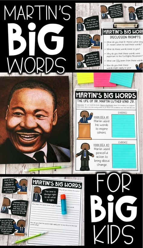 Check out this blog post to learn more about using the picture book Martin's Big Words to celebrate the words and life of Dr. Martin Luther King Jr. Incorporate elements of reading, writing, and speaking and listening, while reading this story in your upper elementary classrooms. Students will love these activities and they are easy to prep and easy to implement for teachers. Martin Luther King Jr Activities Upper Elementary, Martin Luther King Jr Anchor Chart, Martin Luther King Jr Activities 3rd, Martin Luther King Activities, Mlk Activities, Martin Luther King Jr Activities, January Classroom, Dr Martin Luther King Jr, Mlk Jr