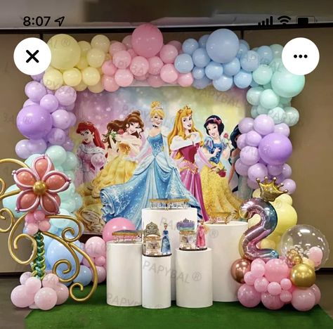 First Birthday Princess Theme Decoration, Princess Theme Balloon Arch, Princess Birthday Party Balloons, Princess Birthday Balloon Decor, Disney Princess Birthday Party Backdrop, Princess Party Balloon Garland, Disney Princess Party Backdrop, Princess Party Backdrop Ideas, Princess Birthday Balloon Garland