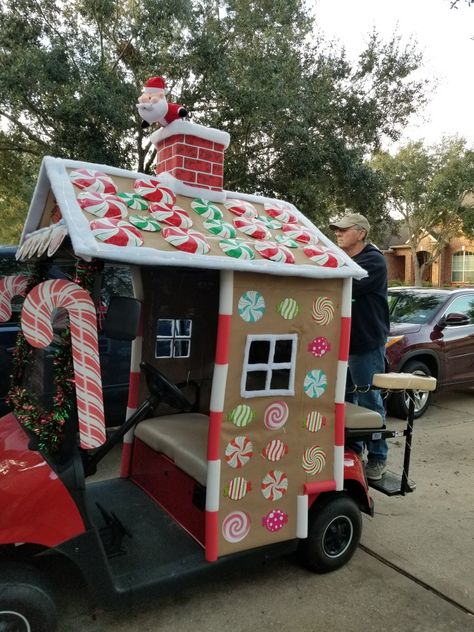 Christmas Parade Golf Cart, Candy Land Golf Cart Parade, Golf Cart Decorated For Christmas, Candyland Golf Cart, Lighted Parade Ideas, Golf Carts Decorated For Christmas Parade, Christmas Golf Cart Parade Ideas Easy, Gingerbread House Golf Cart Ideas, Gingerbread Golf Cart Decorations