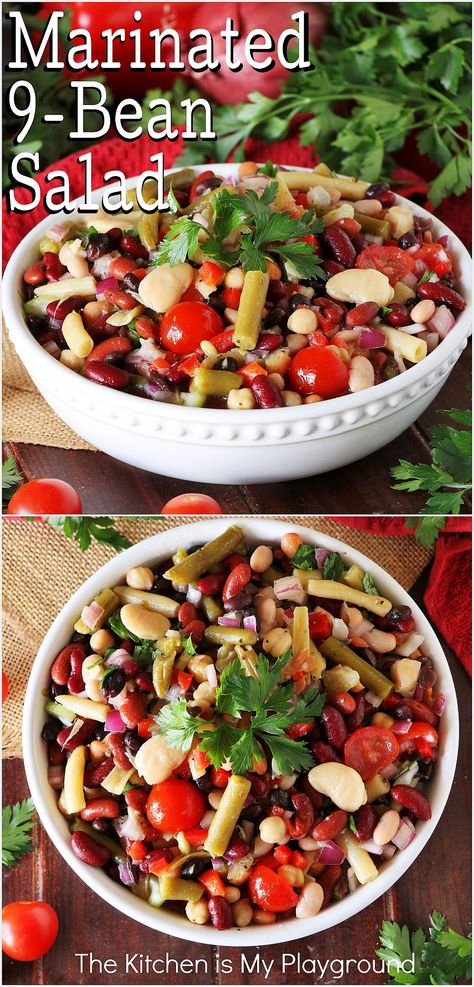 Bowl of Marinated 9-Bean Salad Marinated Beans Recipe, Marinated Beans, Recipes Beans, Marinated Salad, Dry Beans Recipe, The Kitchen Is My Playground, Bean Salads, Veggie Side Dish Recipes, Beans Beans