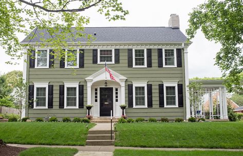 sage green colonial house Painted Brick Georgian House Exterior, 1980s Colonial House Exterior, Cottage Colonial Homes, Sage Green Colonial House Exterior, Gray Colonial House Exterior, Green Colonial House, Green Colonial House Exterior, Updated Colonial Exterior, Colonial House Exterior Colors