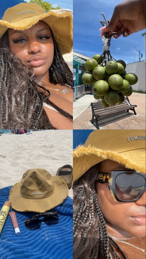 beach aesthetic black girl vacation jaquemus bucket hat Black Vacation Aesthetic, Bucket Hat Swimsuit Outfit, Buket Hats Outfits, Bucket Hat Outfit Beach, Beach Hat Aesthetic, Beach Aesthetic Black, Bucket Hat Beach Outfit, Bucket Hat Ideas, Bucket Hat Aesthetic