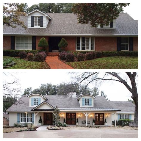 20 Home Exterior Makeover Before and After Ideas | Home Stories A to Z Brick Ranch Before And After, Straight Ranch House Curb Appeal, Boring Ranch Exterior Makeover, Ranch House Before And After, Before And After Exterior Home Makeover, Before And After House Exterior, Red Brick Ranch Exterior Makeover, Brick Ranch House Exterior, Ranch Home Exterior Makeover