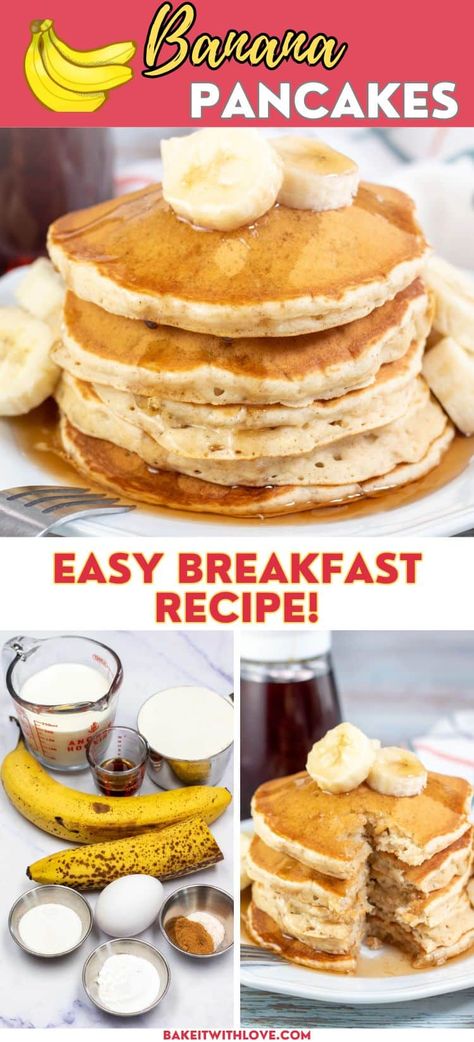 These banana pancakes are a delicious, easy-to-make breakfast or brunch option that the entire family will love! They use common household ingredients as well as some overripe bananas for the perfect amount of sweetness. You can even prepare them ahead of time and freeze them so that they are always ready to go! BakeItWithLove.com Banana Pancake Recipe Easy, Recipe Easy Quick, Quick Pancakes, Banana Pancake Recipe, Freeze Pancakes, Banana Pancake, Best Pancake Recipe, Easy To Make Breakfast, Banana Pancakes Recipe