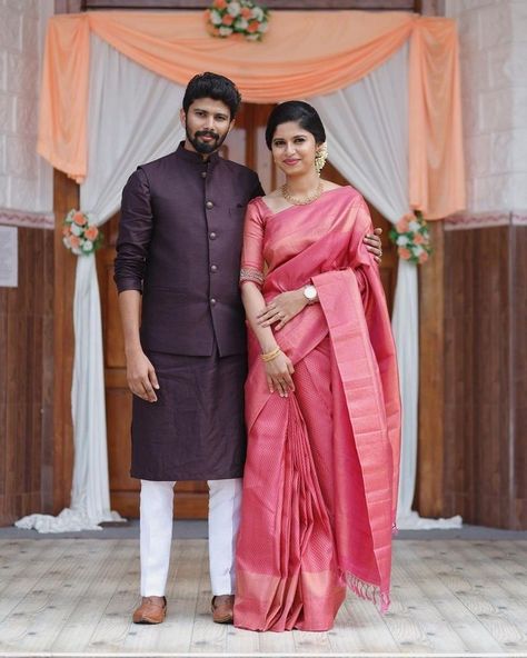 Engagement Attire For Men Indian, Post Marriage Looks Indian, Suit And Saree Couple Poses, Couple Saree And Kurta, Photo Poses In Suit, Saree Poses With Husband, Engagement Couple Dress Indian, Simple Couple Poses Casual, Poses In Suit