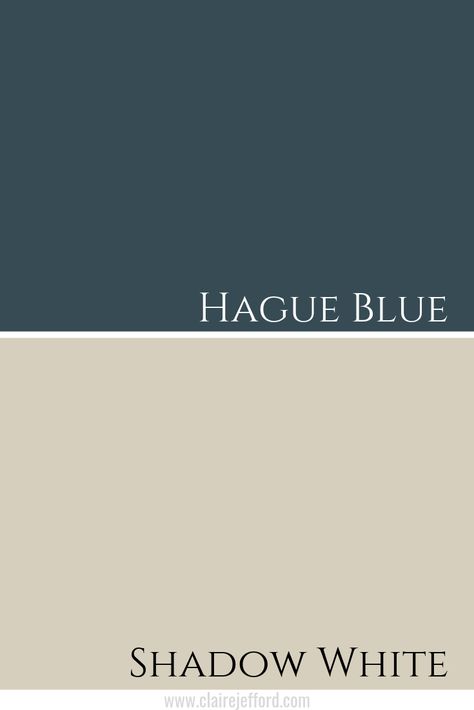 Hague Blue & Shadow White. Farrow & Ball Hague Blue paint colour is rich and luxurious, as are many hues from Farrow & Ball. Learn More about the undertones, best whites to pair with Hague Blue and perfect colour combinations to use in your home. Post by Claire Jefford. #farrowandball #farrowandballpaint #hagueblue #bluepaint #greenpaint #colorcombinations Hague Blue Feature Wall, Shadow White Farrow And Ball Bedroom, Farrow And Ball Hague Blue Living Rooms, Hague Blue Bedroom Ideas, Hague Blue Color Palette, Hague Blue Staircase, Shadow White Farrow And Ball Living Room, Hague Blue Office, Farrow And Ball 2023 Color Trends