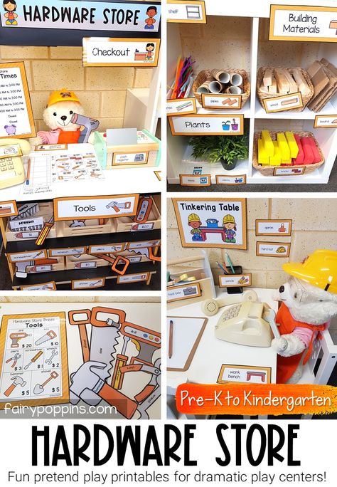 Dramatic Play Stations, Creative Curriculum Building Study Dramatic Play, Hardware Store Dramatic Play, Tools Dramatic Play, Construction Dramatic Play, Theatre Activities, Store Dramatic Play, Dramatic Play Centers Preschool, Fairy Poppins