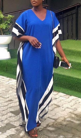 V-Neck Half Sleeve Patchwork Pullover Women's Maxi Dress Blue Kaftan Dress, Robes Bridesmaids, Blue Kaftan, Bridesmaids Robes, Printed Prom Dresses, African Prom Dresses, Plain Blue, Kaftan Maxi Dress, Caftan Dress