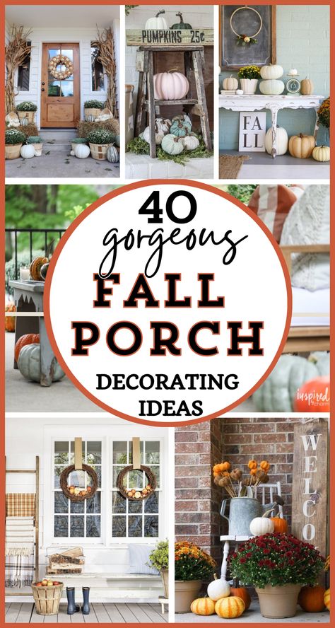 Looking for fall front porch decor ideas? If you love rustic fall home  - or farmhouse, traditional or modern, you'll find simple fall porch decor that you can try, with 10 pro decorating tips to help! These ideas can also work well if you're need patio ideas for fall decorating, too!  Check out 40 gorgeous fall front porches! Chic and classy fall outdoor entryway ideas you'll love! Porch Fall Decorating Ideas, Rustic Fall Porch, Fall Porch Decor Ideas, Themed Wreaths, Porch Fall Decor, Fall Front Porch Decor Ideas, Fall Front Porch Ideas, Front Porch Decor Ideas, Fall Porch Decor