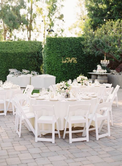 Backyard White Wedding, White Wedding Chairs Reception, White Garden Chairs Wedding Reception, White Chairs Wedding, White Wedding Linens, Flower Bridal Shower Theme, Garden Wedding California, Southern California Garden, Wedding Table Lighting