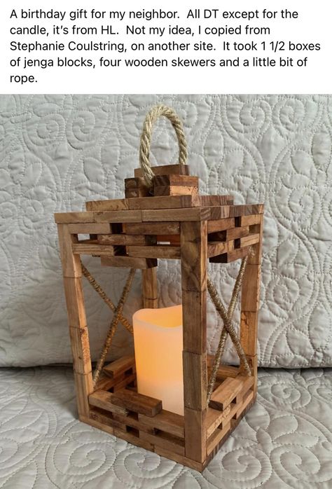 Jenga Block Lantern Diy, Jenga Blocks Lantern, Scrap Wood Lanterns Diy, Wood Lantern Diy How To Make, Tall Wood Lantern Diy, Wooden Candle Lanterns Diy, Diy Jenga Blocks Ideas, Jenga Diy, Wood Blocks Diy