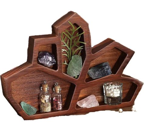 Crystal display shelf in brown wood Boho Shelves, Crystal Display Ideas, Shelf Crystals, Crystal Shelf Display, Crystals Shelf, Shelf For Crystals, Moon Shelf For Crystals, Crescent Moon Crystal Shelf, Essential Oil Display