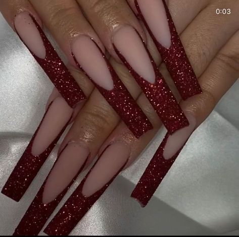 Red Bottom Nails, Long Red Nails, Red Nails Glitter, Dark Red Nails, Glitter Nails Acrylic, Tapered Square Nails, Red Acrylic Nails, Long Acrylic Nail Designs, French Tip Acrylic Nails