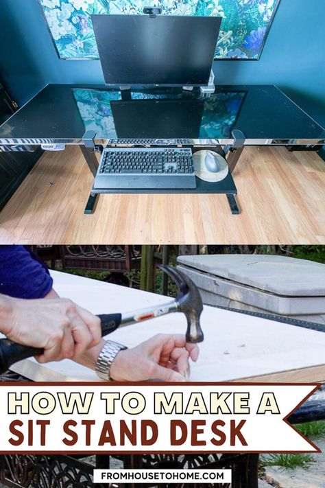 Learn how to build your own DIY electric sit stand desk with a custom desktop that matches your design style and saves you money. Sitting Desk, Blue Home Offices, Home Branding, Diy Standing Desk, Electric Sit Stand Desk, Diy Furniture Makeover Ideas, Easy Diy Furniture, Diy Furniture Ideas Easy, Office Paint Colors