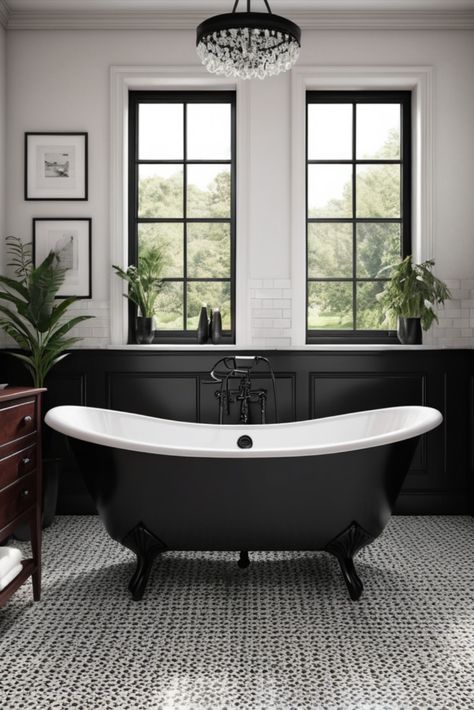 Where classic meets contemporary: this stunning fusion bathroom features dark mahogany furniture and a statement black clawfoot tub. Timeless elegance redefined. #VictorianModern #ClawfootTub #LuxuryBathroom Old Clawfoot Tub Bathroom, Black Bath Tub Bathroom, Black Clawfoot Tub Bathroom, Black Claw Foot Tub, Claw Tub, Black Clawfoot Tub, Clawfoot Tub Bathroom, Hale House, Claw Tubs