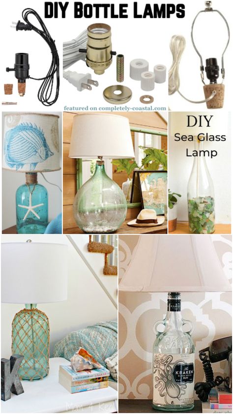 Beach Lamp Shades, Diy Wine Bottle Lamp, Rock Lamp Diy, Diy Coastal Lamp, Beach Lamps Coastal Style, Bottle Lamps Diy, Diy Table Lamps, Diy Table Lamp Ideas, Bottle Lamp Ideas