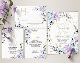 Lavender And Blue Wedding, Blue Wedding Invitation Template, Lavender Wedding Invitations, Wedding Invite Template, Blue Wedding Invitation, Bohemian Wedding Invitations, Purple Wedding Theme, Light Blue Wedding, Lilac Wedding