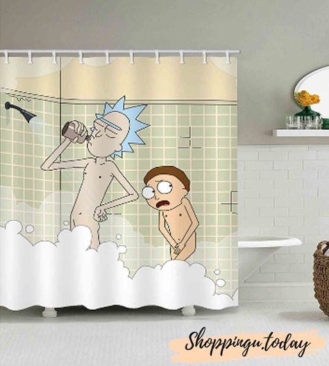 Funny Shower Curtain, Shower Curtain Ideas, Shower Curtain Art, Funny Shower Curtains, Men Shower, 3d Curtains, Curtain Weights, Shower Together, Rick Y Morty