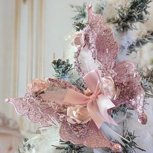 The Rose Cottage Emporium | Holiday | Large Pink Butterfly With Roses Christmas Ornament Shabby Victorian Cottage Chic | Poshmark Pink Feather Christmas Tree, Blush Pink Christmas Tree, Butterfly Christmas Tree, Pink And Gold Christmas, Rag Bows, Lenox Christmas Ornaments, Butterfly Christmas, Christmas Princess, Picture Frame Ornaments