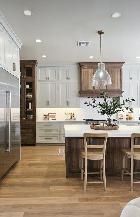 White Cabinets With Stained Island, Brown Island White Cabinets, Dark Wood And White Kitchen, Maple Kitchen Island, Brown And White Kitchen, Oyster Ceramic, Modular Farmhouse, White Oak Engineered Hardwood, Historical House