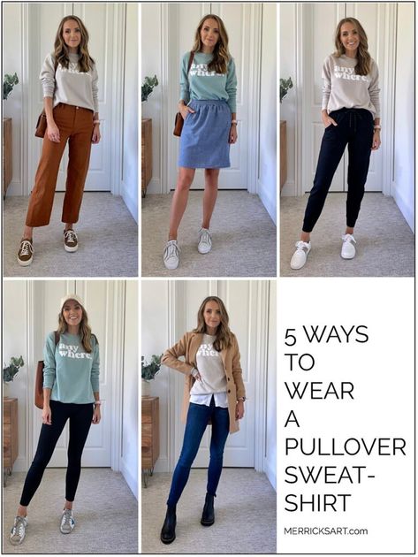 5 Cute Sweatshirt Outfits you Should Copy - Merrick's Art Work Sweatshirt Outfit, Ways To Style A Crewneck Sweatshirt, Fitted Sweatshirt Outfit, Sweatshirts Outfits Women, Teacher Sweatshirt Outfit, Style Crewneck Sweatshirt, Womens Sweatshirt Outfit, Dress Up A Sweatshirt Outfit, Dressing Up A Sweatshirt