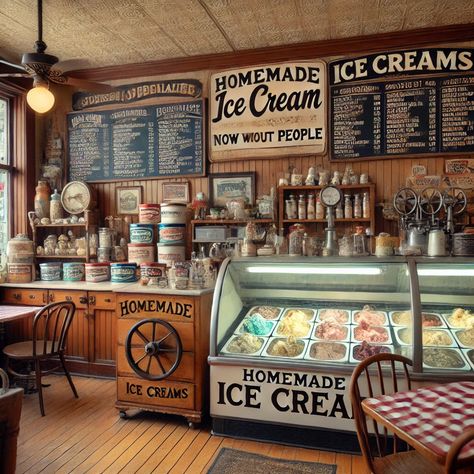 Country Ice Cream Shop, Ice Cream Display Counter, Ice Cream Shop Outside, Vintage Candy Shop Aesthetic, Vintage Ice Cream Shop, Town Bloxburg, Cake Shop Design, Bakery Shop Interior, Ice Cream Store