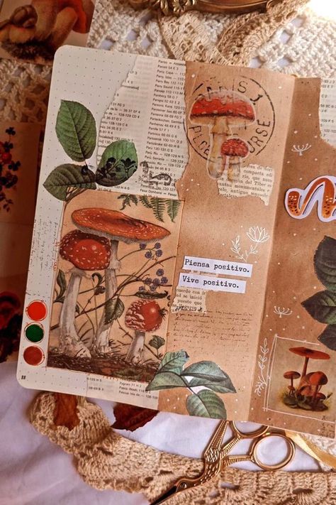 scrapbooking ideas Mushroom Sketchbook Cover, Mushroom Scrapbook Ideas, Nature Scrapbook Ideas, Floral Scrapbook Ideas, Junk Journal Spread, Cottagecore Bullet Journal, Vintage Journal Aesthetic, Aesthetic Scrapbook Journal, Cottagecore Scrapbook