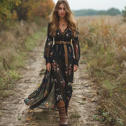 Floral Style Country Formal Outfits, Country Wedding Outfit, Witch Dress, Boho Cowgirl, Country Dresses, Italy Outfits, Casual Home, Elegant Casual, Maxi Styles