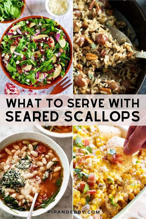 Collage of different foods to pair with scallops for dinner. Side Dishes For Scallops, Slow Cooker Sides, Cooking Vision Board, Scallop Recipes Healthy, Cook Scallops, Easy Scallop Recipes, Healthy Dinner Sides, Meals Beef, How To Cook Scallops