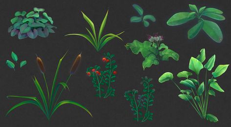 Swamp Concept Art, Swamp Illustration, Divining Rods, Hope Background, Stylized Plants, Stylized Foliage, Landscape Drawing Tutorial, Asian Plants, Hand Painted Textures