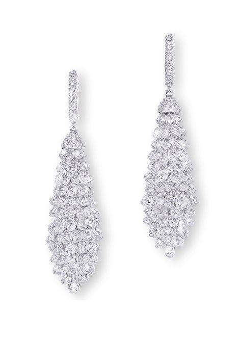 A PAIR OF DIAMOND EARRINGS. Each designed as a briolette-diamond tassel with a pavé-set diamond cap and hook, mounted in 18k white gold, 5.4 cm long. Briolette Earrings Diamond, Diamond Briolette Earrings, Briolette Diamond, Long Diamond Earrings, Swarovski Crystal Drop Earrings, Plain Silver Rings, Sorrelli Jewelry, Fantasy Closet, Diamond Earring