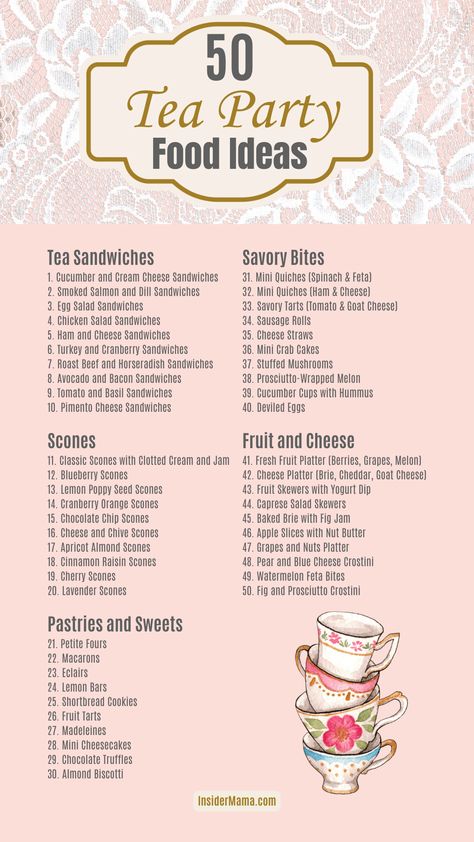 tea party food infographic with 50 ideas Vintage Tea Party Food Ideas, English Tea Food Recipes, Tea Party Catering Ideas, Bday Tea Party Ideas, Snacks With Tea Ideas, Hi Tea Party Ideas, English Tea Themed Party, Fall High Tea Recipes, Bridgerton Tea Party Food Ideas