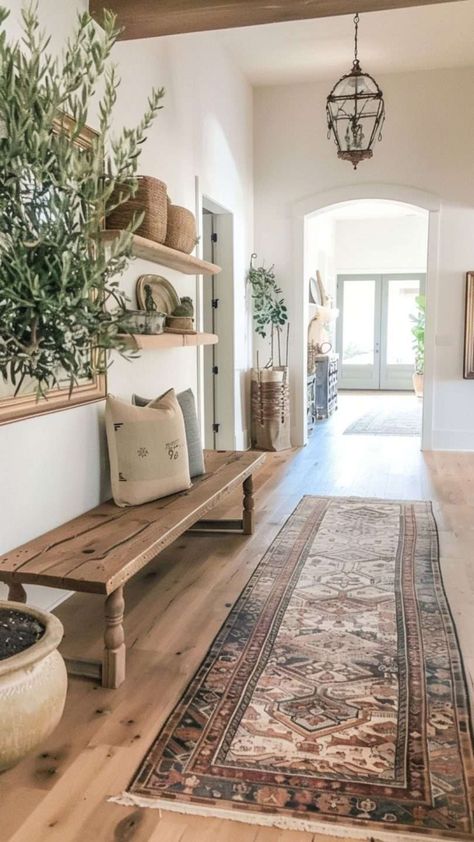 4 Different Hallway Rugs to Help You Style the Space to Perfection! - Melanie Jade Design Cottage Hallway, Cozy Farmhouse Bedroom, Rustic Hallway, Jade Design, Hallway Inspiration, Best Kitchen Cabinets, Hallway Rugs, Hallway Design, Rustic Farmhouse Kitchen