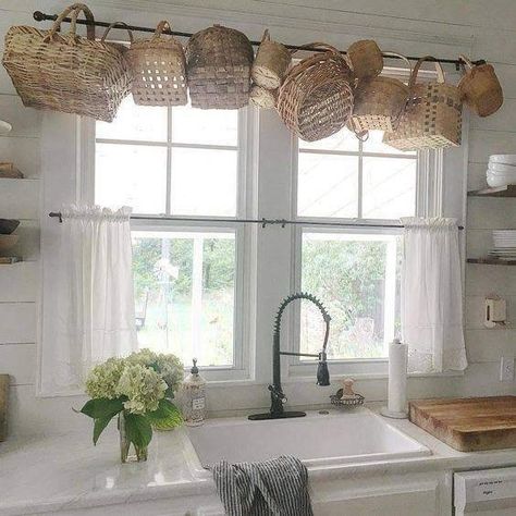 Reclaimed Kitchen, Decorate With Baskets, Farmhouse Baskets, Window Valances, Basket Collection, Old Baskets, Top Treatments, Basket Decor, Farmhouse Kitchens