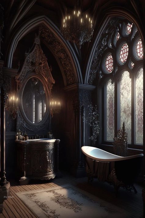 Victorian Master Bath Ideas, Romantic Gothic Home Decor Victorian, Dark Bathroom Decor Ideas, Dark Fantasy Interior, Victorian Gothic Bathroom, Gothic Castle Interior, Victorian Bathtub, Romantic Gothic Home Decor, Dark Academia House