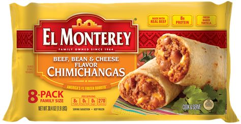 Beef, Bean  Cheese Frozen Chimichangas pack protein into a fresh-baked tortilla and make it easy to grab a hearty meal. Located in the frozen food section. Frozen Chimichanga Casserole, Bean And Cheese Chimichanga, Chimichanga Beef, Chimichanga Recipe, Frozen Bag, Frozen Beef, Hover Craft, Hearty Meal, Cheat Meal