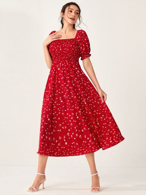 Red Boho Collar Short Sleeve Polyester Ditsy Floral A Line Embellished Non-Stretch  Women Dresses Modest Christian Clothing, Red Frock, Red Colour Dress, Cotton Dresses Online, Simple Frock Design, Floral Frocks, Latest Model Blouse Designs, Frock For Women, Mode Abaya