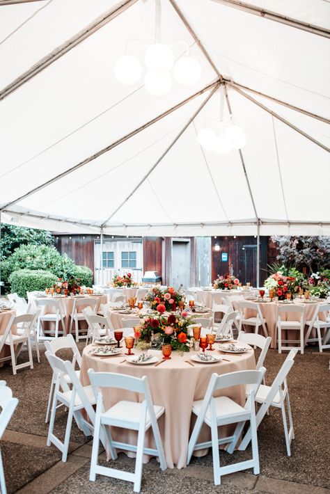 Your Mid-Century Wes Anderson Summer Camp Dreams Come True in This Robinswood House Wedding | Junebug Weddings White Table White Chairs Wedding, White Wedding Chairs Reception, Cocktail Area Wedding Decor, Peach Table Cloth Wedding, Wedding Table White Chairs, Outdoor Wedding White Chairs, Wedding Reception White Chairs, 60s Wedding Decor, Wedding With White Chairs