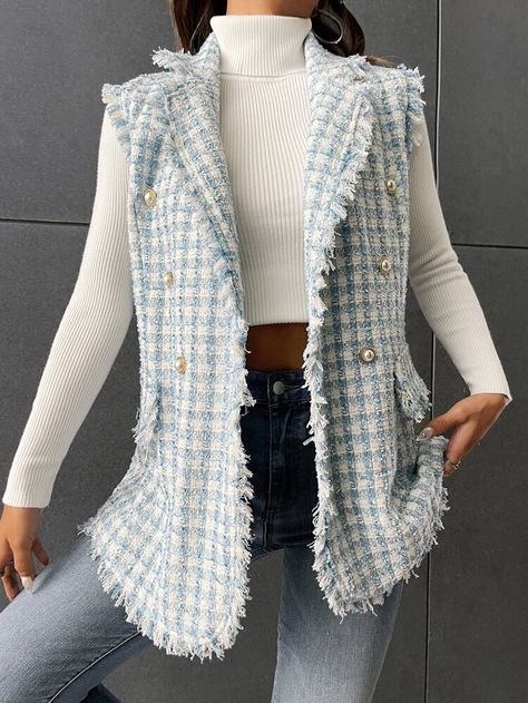 Channel Tweed, Blue Vest Outfit, Women Blazers, Tweed Vest, Blouse Casual Fashion, Women Suits, Plaid Vest, Women Overcoat, Blue Vests