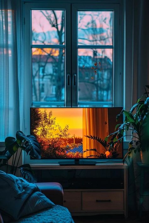 Creative Ways with TV in Front of Window Ideas Tv On Window, Tv Near Window, Tv Behind Window, Tv Next To Window, Tv Window Placement, Tv On Window Wall, Lots Of Windows In Living Room, Tv Stand In Front Of Window, Curtains Behind Tv