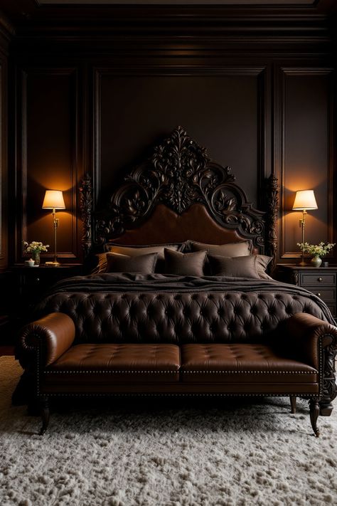 25 Stunning Black and Brown Bedroom Ideas That Exude Warmth and Sophistication Dark Bedroom Ideas For Men, Edgy Bedroom, Men’s Bedroom Ideas, Bedroom Aesthetic Simple, Bedroom Lake House, Coastal Bedroom Aesthetic, Green Bedroom Aesthetic, Dark Blue Bedroom, Bedroom Relaxing