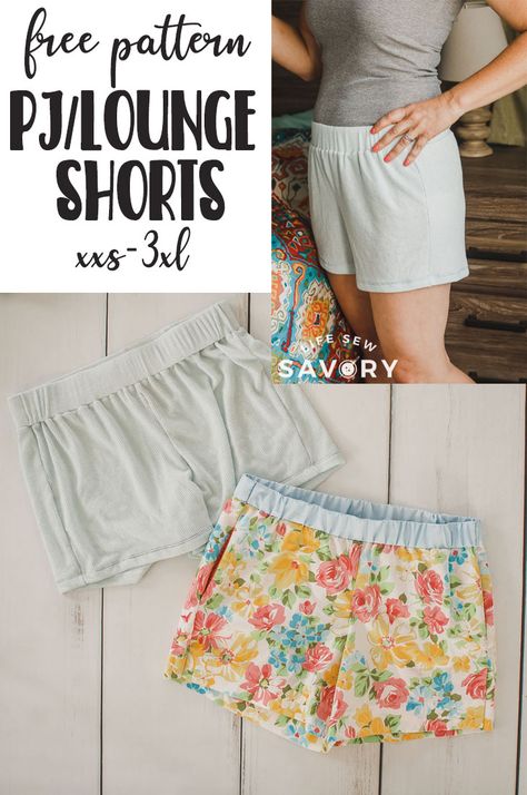 Sew yourself super comfy shorts with this Women's Pj Shorts Free Pattern. Sew with knit or woven fabric this PJ shorts pattern is perfect for sleep or lounge wear. Pyjama Short Sewing Pattern, Pyjama Shorts Pattern Free, Sleeping Shorts Pattern, Diy Lounge Wear Free Pattern, Free Short Sewing Pattern, Things To Sew With Stretchy Fabric, Easy Pajama Shorts Pattern, Women’s Pajama Pattern, Free Pajama Shorts Pattern