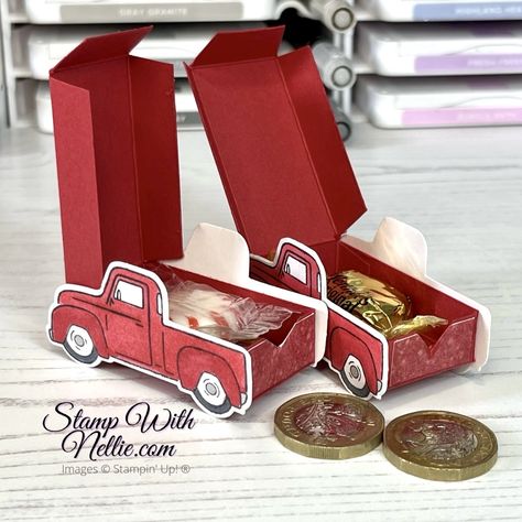 Tiny Treat box using Trucking Along - tutorial - Stamp with Nellie Su Trucking Along, Stampin Up Trucking Along Bundle 2023, Fancy Folds Cards Tutorials, Stampin Up Trucking Along Cards, Treat Boxes Ideas Packaging, Stampin Up Trucking Along, Friend Birthday Gift Ideas Diy, Stampin Up 3d Projects, Christmas Treat Boxes Ideas