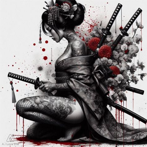 Asian Aesthetic Tattoo, Geisha Samurai Tattoo Design, Womens Japanese Tattoo, Japanese Goddess Tattoo, Japanese Tattoo Art Geisha, Female Samurai Tattoo, Tato Geisha, Asian Goth, Geisha Samurai