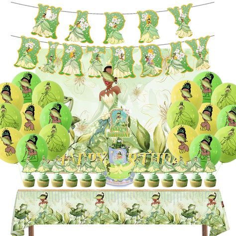 PRICES MAY VARY. You will get : 1pc princess birthday backdrop, 1pc princess tablecloth,1pc happy birthday banner,18pcs latex balloons,1pc cake topper and 12pcs cupcake toppers. Your birthday party decorations all together are here; Material : All parts of birthday party supplies are made of high-quality materials,which are environmentally friendly, durable and reusable. The 5x3ft backdrop is made of vinyl with bright colors and vivid images. Suit for Occasions : These decorations are suitable f Princess And The Frog Birthday Party, Princess And The Frog Party, Tiana Party, Princess And Frog, Princess Tiana Birthday Party, Frog Birthday, Balloons Cake, Princess Pattern, Sweet 17