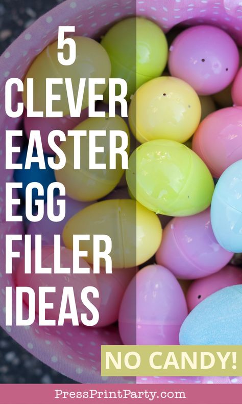 5 non-candy Easter Egg Filler Ideas that will surprise you! Fill your kids' plastic Easter eggs with creative and unique things that are not junk or candy. You'll find 5 fun ideas with related Easter Sunday activities for the rest of the day. Occupy the kids all day at the party, not just the Easter egg hunt. For any age, toddlers, or older kids, teenagers, tweens, boys or girls. Candy alternative for plastic eggs - Stay healthy. Press Print Party! Easter Egg Filler Ideas, Egg Filler Ideas, Birthday Party Planner Printable, Easter Favor Boxes, Easter Coupons, Easter Egg Stuffers, Easter Egg Filling, Easter Games For Kids, Easter Party Food